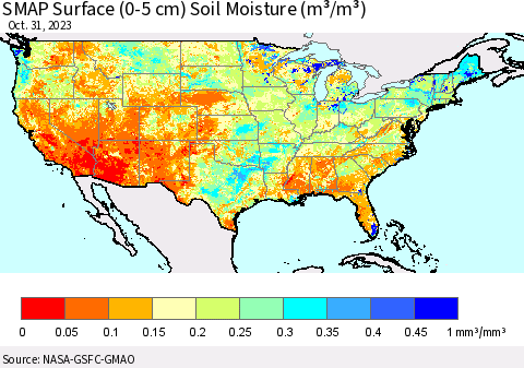 United States SMAP Surface (0-5 cm) Soil Moisture (m³/m³) Thematic Map For 10/26/2023 - 10/31/2023