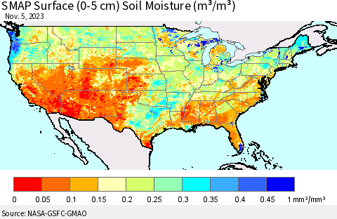 United States SMAP Surface (0-5 cm) Soil Moisture (m³/m³) Thematic Map For 11/1/2023 - 11/5/2023