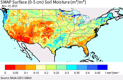 United States SMAP Surface (0-5 cm) Soil Moisture (m³/m³) Thematic Map For 11/6/2023 - 11/10/2023