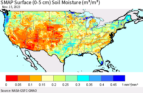 United States SMAP Surface (0-5 cm) Soil Moisture (m³/m³) Thematic Map For 11/11/2023 - 11/15/2023
