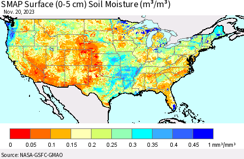 United States SMAP Surface (0-5 cm) Soil Moisture (m³/m³) Thematic Map For 11/16/2023 - 11/20/2023