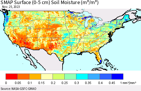 United States SMAP Surface (0-5 cm) Soil Moisture (m³/m³) Thematic Map For 11/21/2023 - 11/25/2023