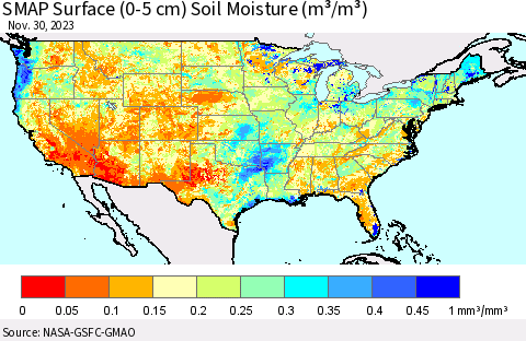 United States SMAP Surface (0-5 cm) Soil Moisture (m³/m³) Thematic Map For 11/26/2023 - 11/30/2023