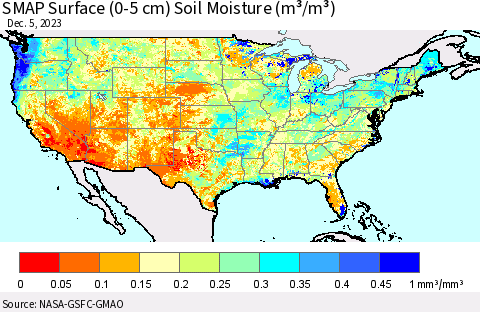 United States SMAP Surface (0-5 cm) Soil Moisture (m³/m³) Thematic Map For 12/1/2023 - 12/5/2023