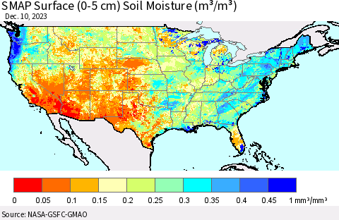 United States SMAP Surface (0-5 cm) Soil Moisture (m³/m³) Thematic Map For 12/6/2023 - 12/10/2023
