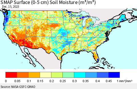 United States SMAP Surface (0-5 cm) Soil Moisture (m³/m³) Thematic Map For 12/11/2023 - 12/15/2023