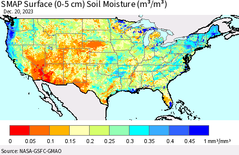 United States SMAP Surface (0-5 cm) Soil Moisture (m³/m³) Thematic Map For 12/16/2023 - 12/20/2023