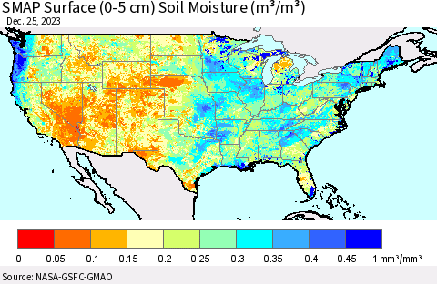 United States SMAP Surface (0-5 cm) Soil Moisture (m³/m³) Thematic Map For 12/21/2023 - 12/25/2023