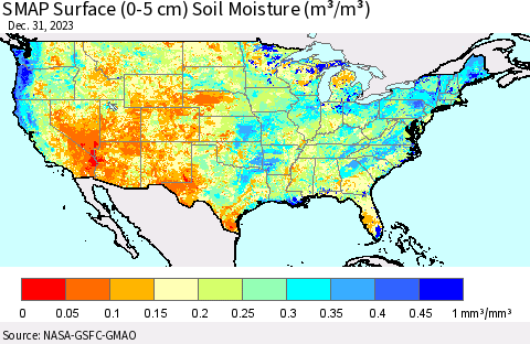 United States SMAP Surface (0-5 cm) Soil Moisture (m³/m³) Thematic Map For 12/26/2023 - 12/31/2023