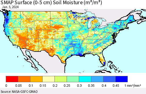 United States SMAP Surface (0-5 cm) Soil Moisture (m³/m³) Thematic Map For 1/1/2024 - 1/5/2024