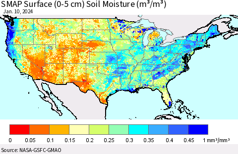 United States SMAP Surface (0-5 cm) Soil Moisture (m³/m³) Thematic Map For 1/6/2024 - 1/10/2024