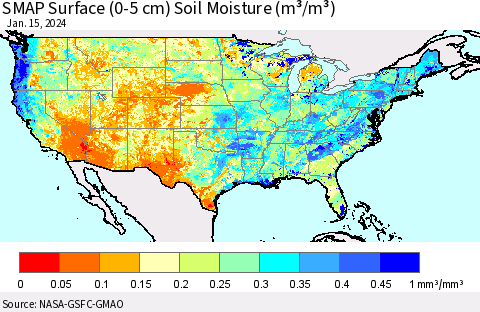 United States SMAP Surface (0-5 cm) Soil Moisture (m³/m³) Thematic Map For 1/11/2024 - 1/15/2024