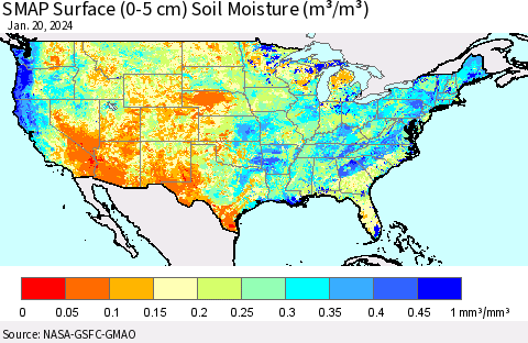 United States SMAP Surface (0-5 cm) Soil Moisture (m³/m³) Thematic Map For 1/16/2024 - 1/20/2024