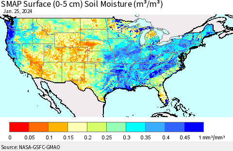 United States SMAP Surface (0-5 cm) Soil Moisture (m³/m³) Thematic Map For 1/21/2024 - 1/25/2024