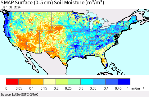 United States SMAP Surface (0-5 cm) Soil Moisture (m³/m³) Thematic Map For 1/26/2024 - 1/31/2024