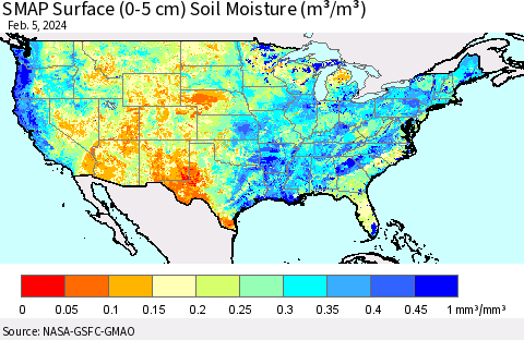 United States SMAP Surface (0-5 cm) Soil Moisture (m³/m³) Thematic Map For 2/1/2024 - 2/5/2024
