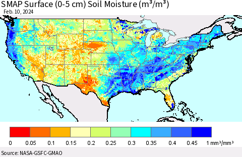 United States SMAP Surface (0-5 cm) Soil Moisture (m³/m³) Thematic Map For 2/6/2024 - 2/10/2024