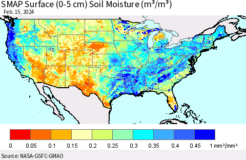 United States SMAP Surface (0-5 cm) Soil Moisture (m³/m³) Thematic Map For 2/11/2024 - 2/15/2024