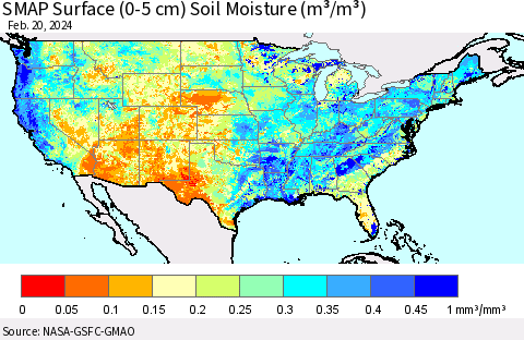 United States SMAP Surface (0-5 cm) Soil Moisture (m³/m³) Thematic Map For 2/16/2024 - 2/20/2024