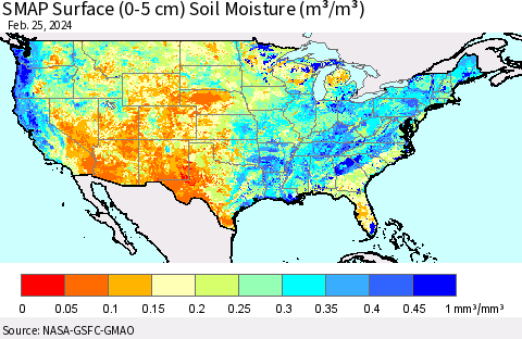 United States SMAP Surface (0-5 cm) Soil Moisture (m³/m³) Thematic Map For 2/21/2024 - 2/25/2024