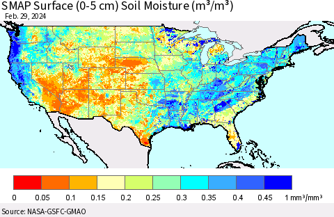 United States SMAP Surface (0-5 cm) Soil Moisture (m³/m³) Thematic Map For 2/26/2024 - 2/29/2024