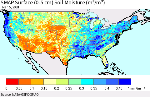 United States SMAP Surface (0-5 cm) Soil Moisture (m³/m³) Thematic Map For 3/1/2024 - 3/5/2024