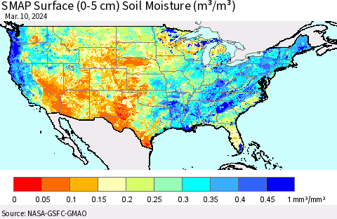 United States SMAP Surface (0-5 cm) Soil Moisture (m³/m³) Thematic Map For 3/6/2024 - 3/10/2024