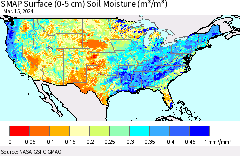 United States SMAP Surface (0-5 cm) Soil Moisture (m³/m³) Thematic Map For 3/11/2024 - 3/15/2024