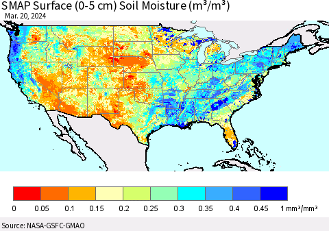 United States SMAP Surface (0-5 cm) Soil Moisture (m³/m³) Thematic Map For 3/16/2024 - 3/20/2024