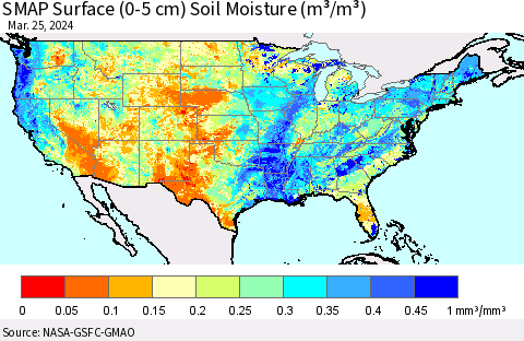 United States SMAP Surface (0-5 cm) Soil Moisture (m³/m³) Thematic Map For 3/21/2024 - 3/25/2024