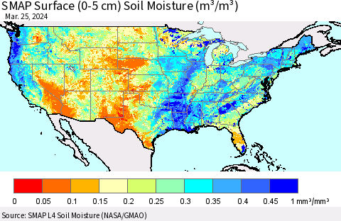 United States SMAP Surface (0-5 cm) Soil Moisture (m³/m³) Thematic Map For 3/21/2024 - 3/25/2024