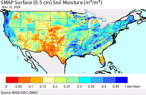 United States SMAP Surface (0-5 cm) Soil Moisture (m³/m³) Thematic Map For 3/26/2024 - 3/31/2024