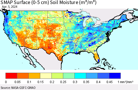 United States SMAP Surface (0-5 cm) Soil Moisture (m³/m³) Thematic Map For 4/1/2024 - 4/5/2024