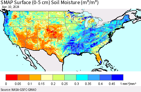 United States SMAP Surface (0-5 cm) Soil Moisture (m³/m³) Thematic Map For 4/6/2024 - 4/10/2024