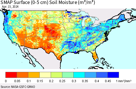 United States SMAP Surface (0-5 cm) Soil Moisture (m³/m³) Thematic Map For 4/11/2024 - 4/15/2024