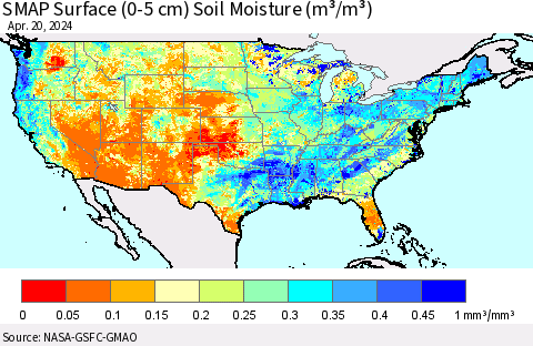 United States SMAP Surface (0-5 cm) Soil Moisture (m³/m³) Thematic Map For 4/16/2024 - 4/20/2024