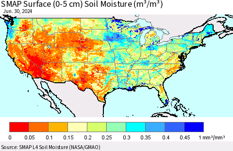 United States SMAP Surface (0-5 cm) Soil Moisture (m³/m³) Thematic Map For 6/26/2024 - 6/30/2024