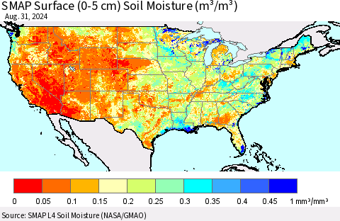 United States SMAP Surface (0-5 cm) Soil Moisture (m³/m³) Thematic Map For 8/26/2024 - 8/31/2024