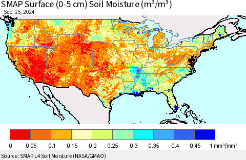United States SMAP Surface (0-5 cm) Soil Moisture (m³/m³) Thematic Map For 9/11/2024 - 9/15/2024
