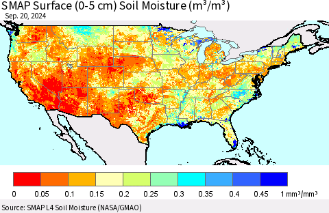 United States SMAP Surface (0-5 cm) Soil Moisture (m³/m³) Thematic Map For 9/16/2024 - 9/20/2024
