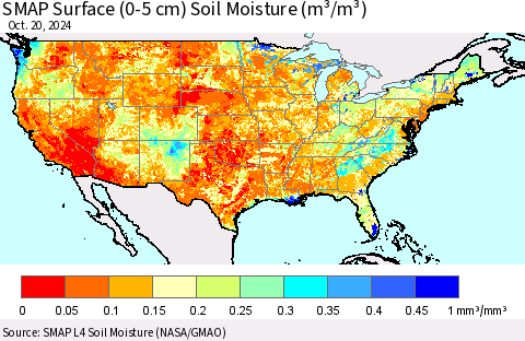 United States SMAP Surface (0-5 cm) Soil Moisture (m³/m³) Thematic Map For 10/16/2024 - 10/20/2024