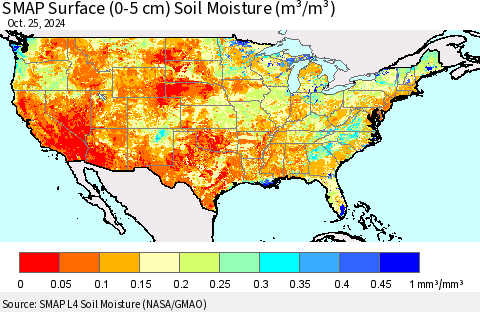 United States SMAP Surface (0-5 cm) Soil Moisture (m³/m³) Thematic Map For 10/21/2024 - 10/25/2024