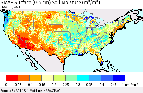 United States SMAP Surface (0-5 cm) Soil Moisture (m³/m³) Thematic Map For 11/11/2024 - 11/15/2024
