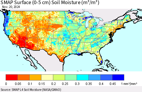 United States SMAP Surface (0-5 cm) Soil Moisture (m³/m³) Thematic Map For 11/16/2024 - 11/20/2024