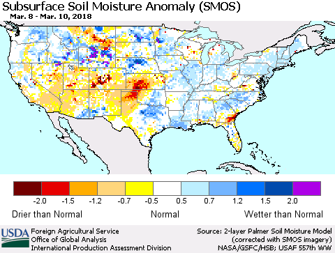 United States Subsurface Soil Moisture Anomaly (SMOS) Thematic Map For 3/5/2018 - 3/11/2018