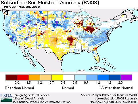 United States Subsurface Soil Moisture Anomaly (SMOS) Thematic Map For 3/19/2018 - 3/25/2018