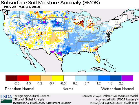 United States Subsurface Soil Moisture Anomaly (SMOS) Thematic Map For 3/26/2018 - 4/1/2018