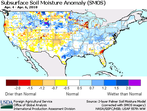 United States Subsurface Soil Moisture Anomaly (SMOS) Thematic Map For 4/2/2018 - 4/8/2018