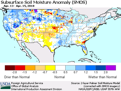 United States Subsurface Soil Moisture Anomaly (SMOS) Thematic Map For 4/9/2018 - 4/15/2018