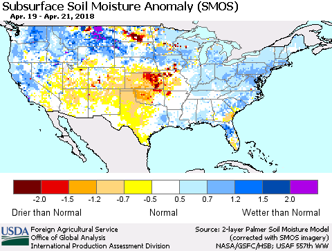 United States Subsurface Soil Moisture Anomaly (SMOS) Thematic Map For 4/16/2018 - 4/22/2018